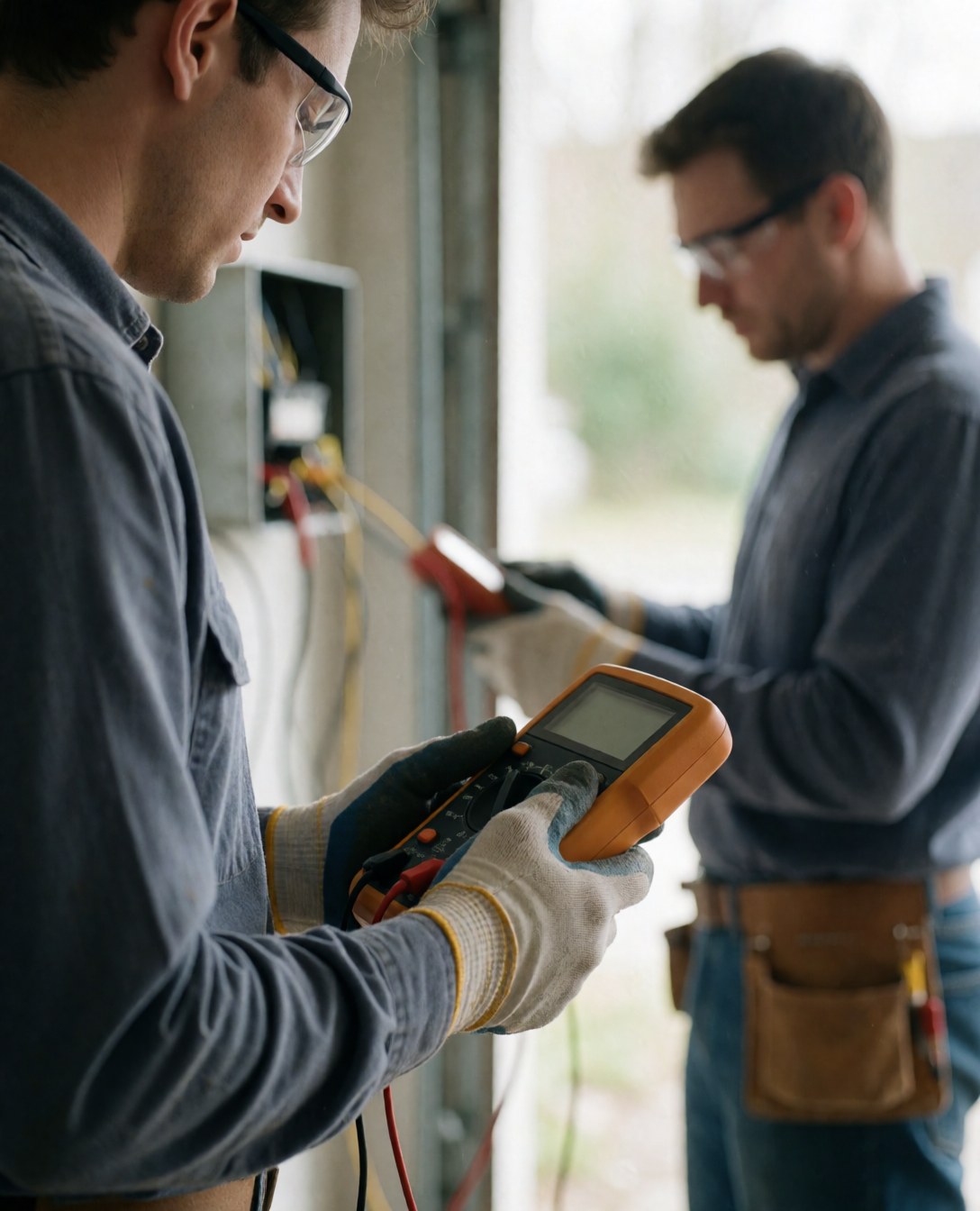 A young professional electrician wearing safety gear and gloves while using a multimeter to measure electrical connections in a garage setting.