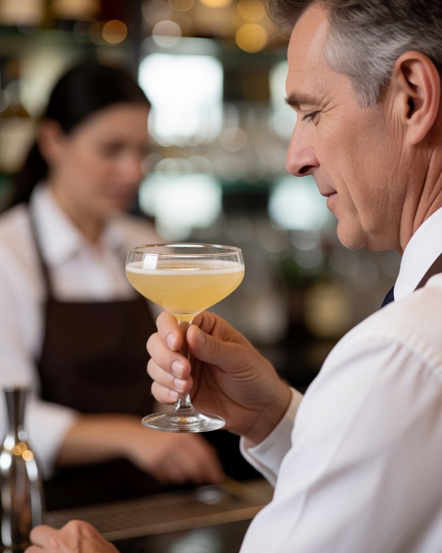 A man smiles while holding a cocktail in a stylish bar, with a bartender working in the background, highlighting professional service and luxury ambiance.
