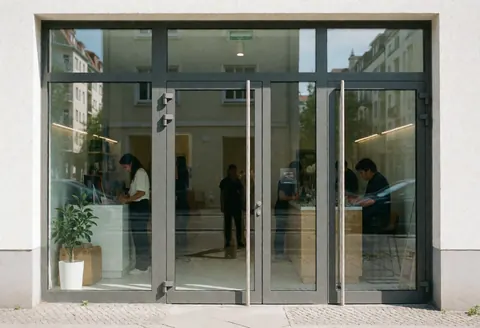 Modern commercial building facade with large glass doors reflecting the street and people working inside the well-lit office space
