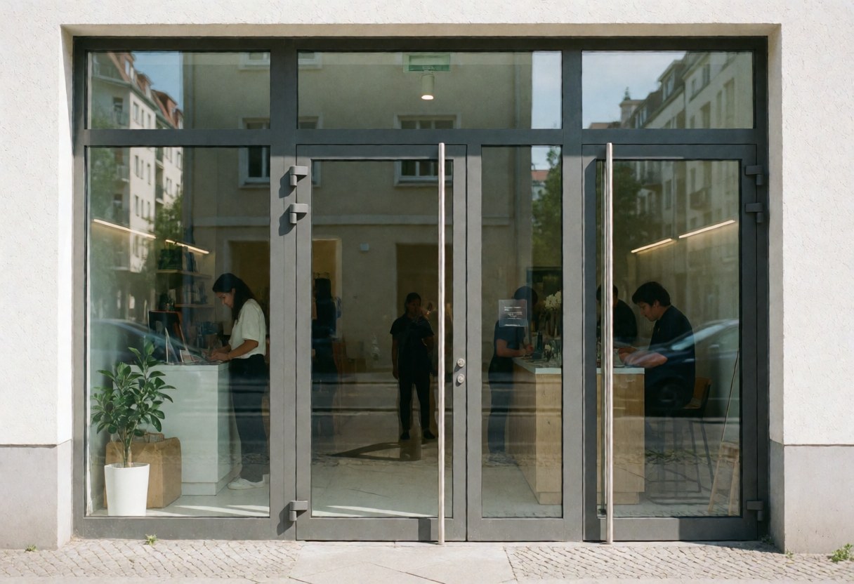 Modern commercial building facade with large glass doors reflecting the street and people working inside the well-lit office space