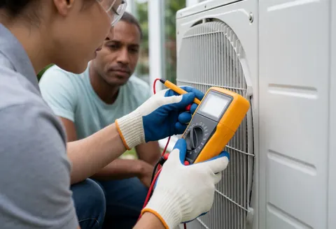 A technician wearing gloves and safety glasses uses a multimeter to inspect an outdoor air conditioning condenser while a customer watches nearby in a sunny garden.