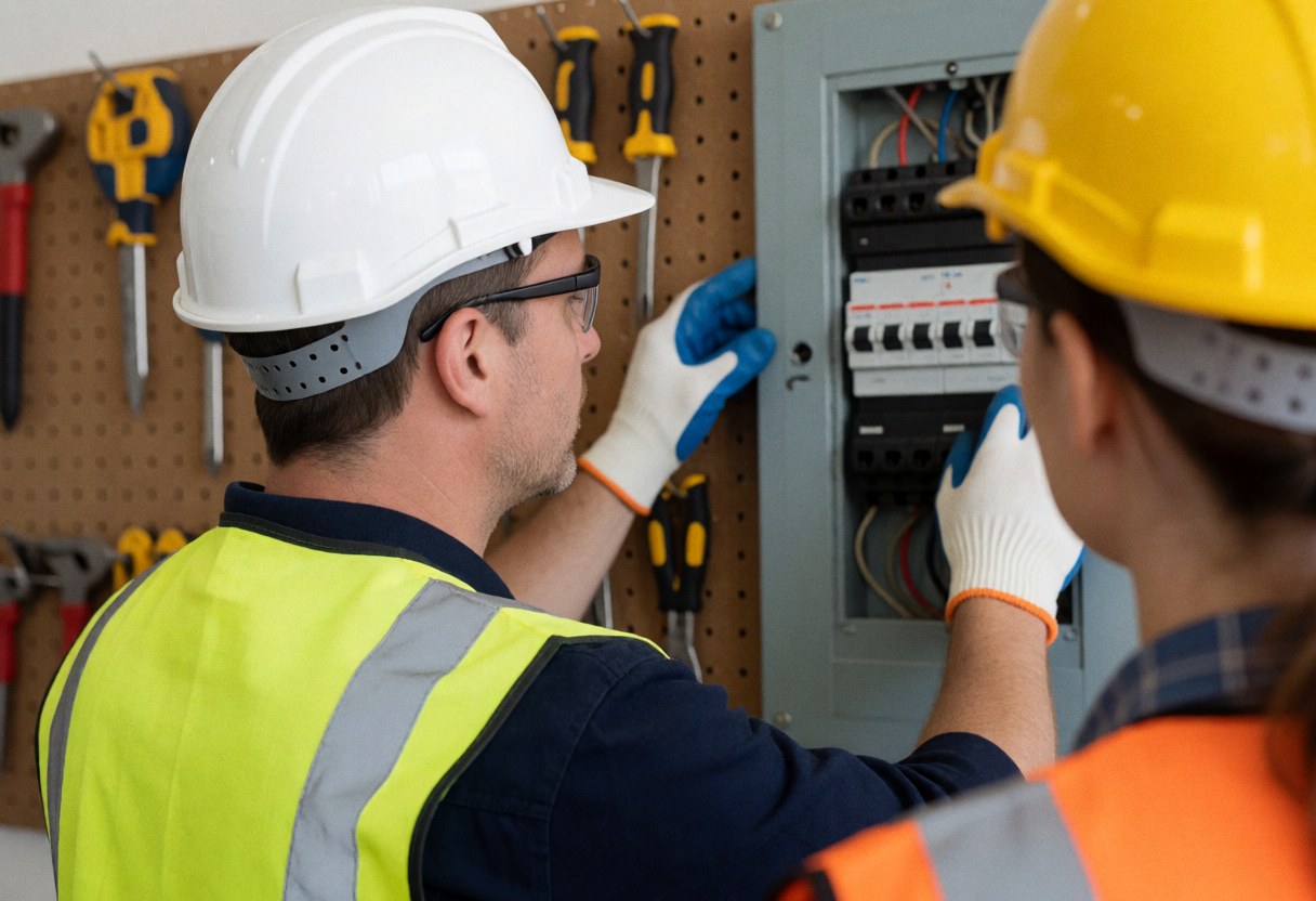 Electrician wearing helmet and vest working on a circuit panel with tools in the background in a well-lit garage
