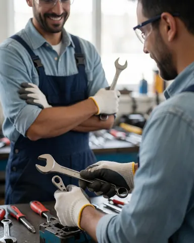 A smiling technician wearing safety glasses and gloves stands in a workshop surrounded by tools and equipment.