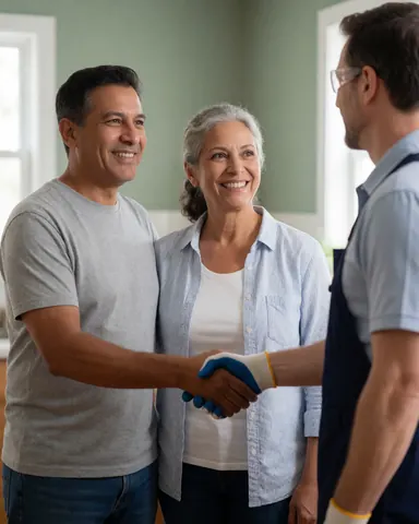 A smiling couple in their kitchen expressing gratitude to a professional technician after a successful service visit.