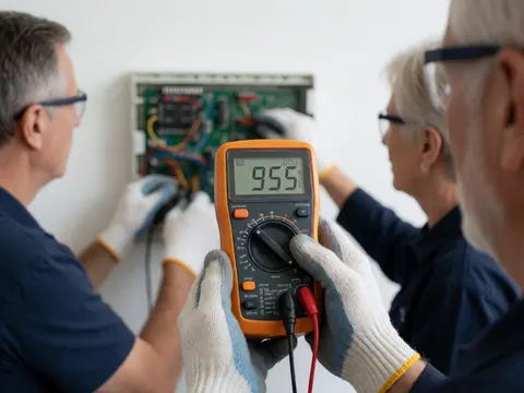 An electrician wearing safety gloves and glasses measures voltage on an electrical panel using a digital multimeter showing a reading of 955 volts.