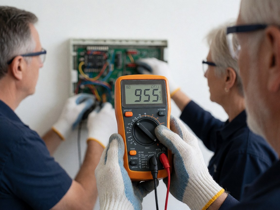 An electrician wearing safety gloves and glasses measures voltage on an electrical panel using a digital multimeter showing a reading of 955 volts.