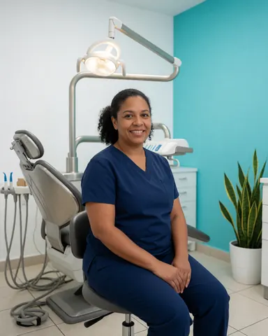 A smiling dentist stands in a bright dental clinic with a dental chair, professional lighting, and green plants creating a clean atmosphere.