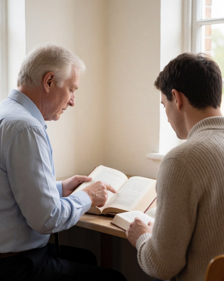 A senior lawyer and a young attorney collaborate over legal books at a desk near a window with natural light in a professional office setting.