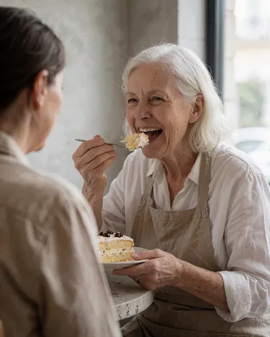 A smiling senior woman with white hair and an apron eats cake with a spoon at a table near a window, while another person sits beside her.