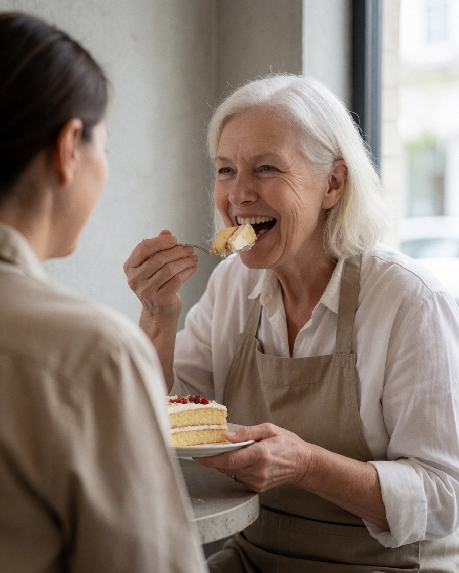 A smiling senior woman with white hair and an apron eats cake with a spoon at a table near a window, while another person sits beside her.