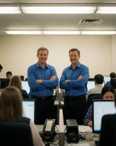 Two smiling call center agents in blue shirts standing in a modern office with computers and monitors.