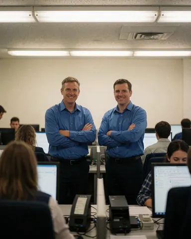 Two smiling call center agents in blue shirts standing in a modern office with computers and monitors.