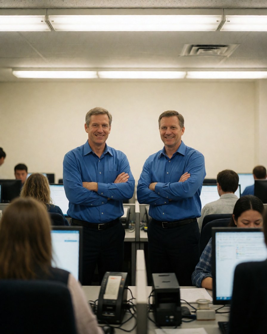Two smiling call center agents in blue shirts standing in a modern office with computers and monitors.