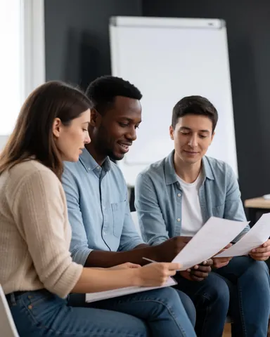 A diverse group of young professionals in casual attire discussing strategy around a table with documents and a whiteboard in a modern office setting