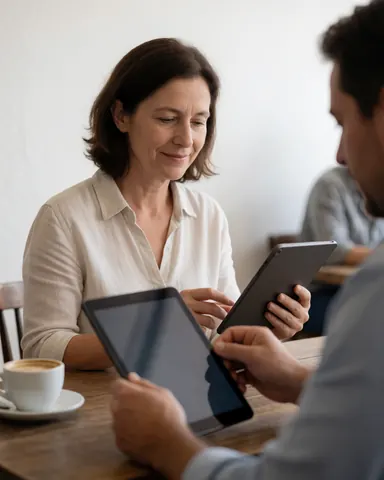 A smiling customer uses a tablet at a cafe table while a staff member points to the screen in a relaxed setting.