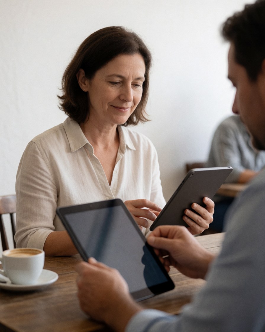 A smiling customer uses a tablet at a cafe table while a staff member points to the screen in a relaxed setting.