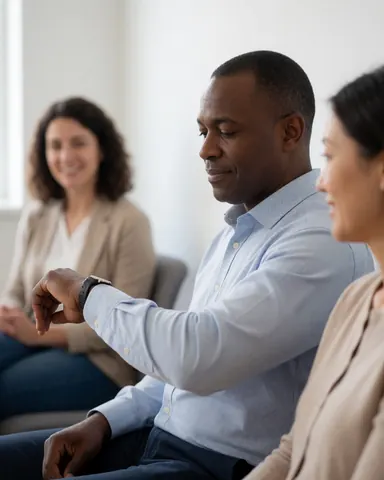 A man checks his watch while seated in a waiting room, with other people visible in the background, conveying calm and patience in a professional setting.