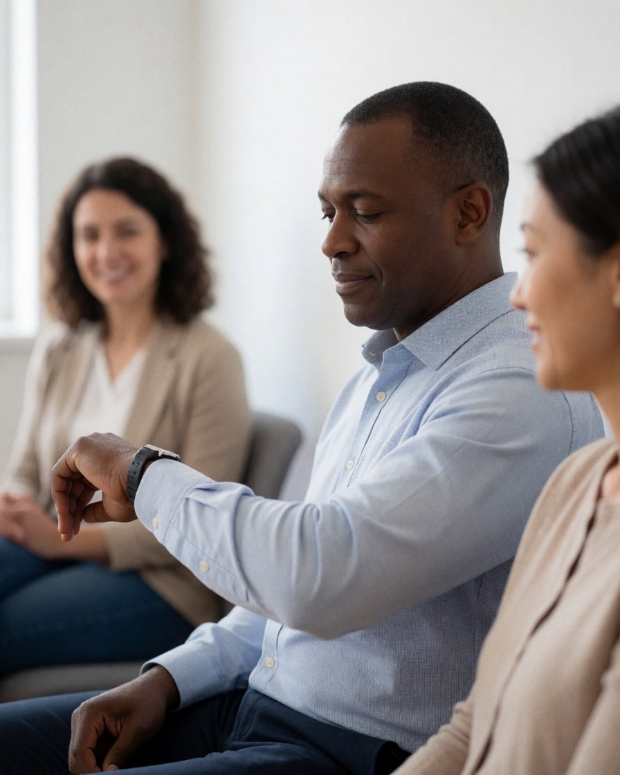 A man checks his watch while seated in a waiting room, with other people visible in the background, conveying calm and patience in a professional setting.