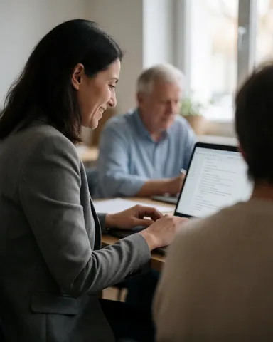 A smiling female consultant works on a laptop in a modern office with natural light while a client watches attentively.