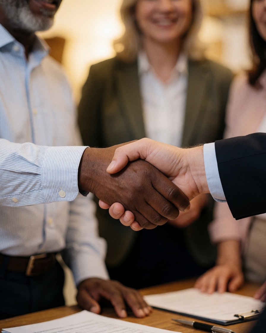 Two people shaking hands over a desk with papers in a warmly lit office with smiling colleagues in the background