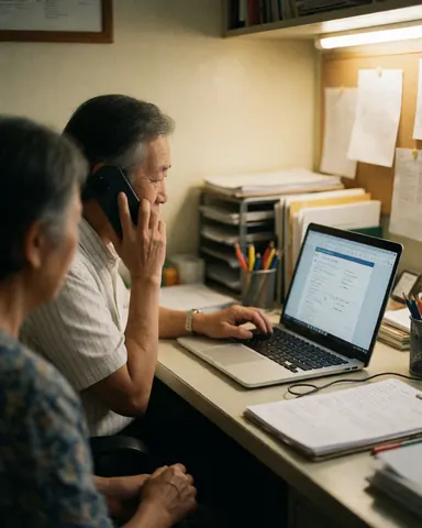 Business owner speaking on a mobile phone while working on a laptop in an office with papers and tools around.