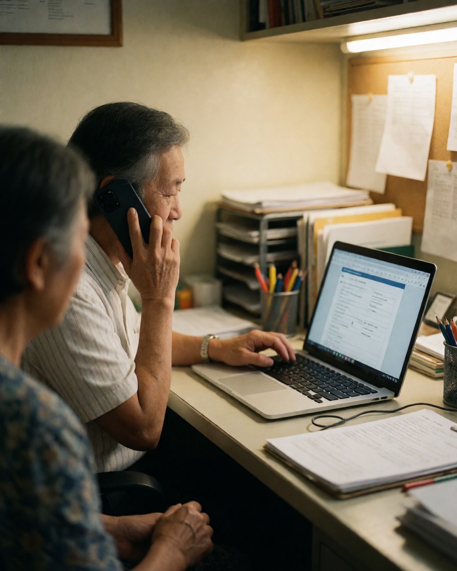 Business owner speaking on a mobile phone while working on a laptop in an office with papers and tools around.