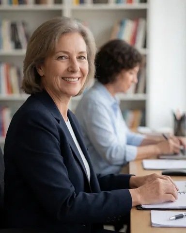 A smiling businesswoman in a navy blazer works in a notebook at a wooden desk, surrounded by bookshelves in a professional and cozy office setting.
