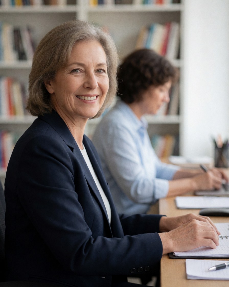 A smiling businesswoman in a navy blazer works in a notebook at a wooden desk, surrounded by bookshelves in a professional and cozy office setting.