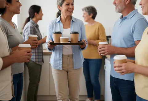 A smiling woman serves coffee in a shared coworking kitchen while others converse and drink, highlighting a collaborative and social work environment.