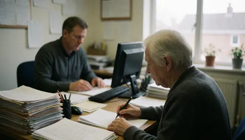 Two accountants working at a desk with papers and computers near a window with plants and natural light in a calm professional office.