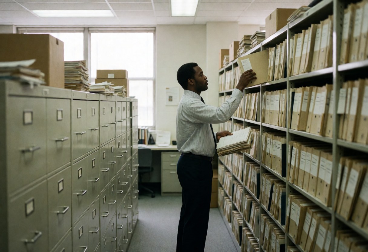 An accountant searching for files on shelves with filing drawers nearby in an office setting