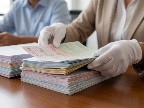 White-gloved hands arranging stacks of financial paperwork on a polished wooden office desk with soft morning light