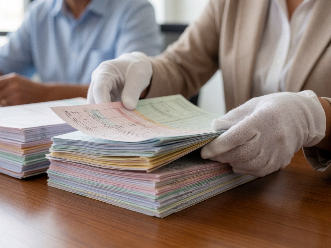 White-gloved hands arranging stacks of financial paperwork on a polished wooden office desk with soft morning light