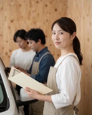 Smiling woman in uniform holding a certificate beside a white car with two people working in a wooden-walled garage background