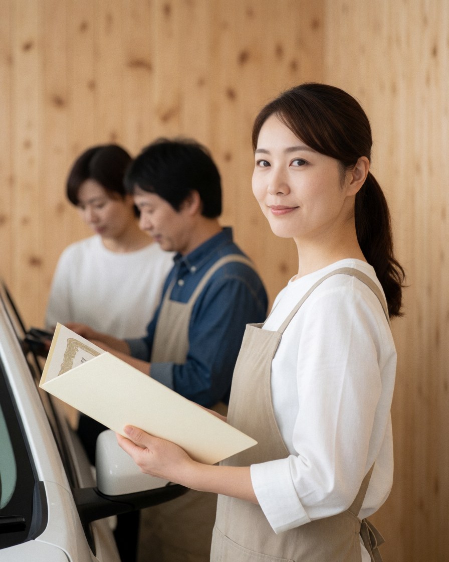 Smiling woman in uniform holding a certificate beside a white car with two people working in a wooden-walled garage background