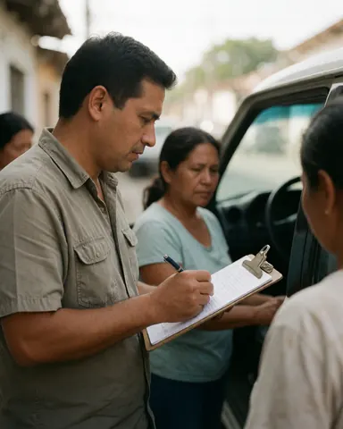 A driving school instructor writes notes in a notebook next to a vehicle while two people observe on a sunny street.