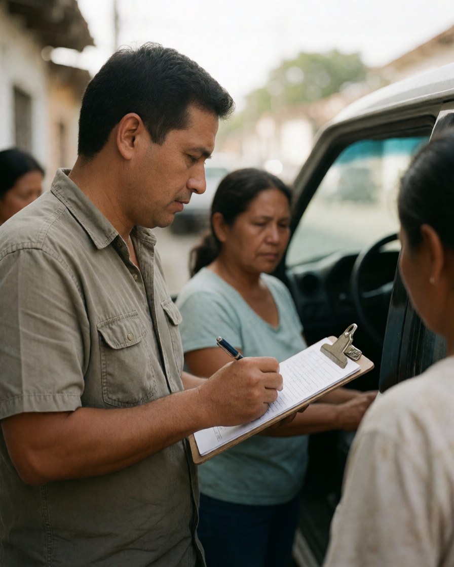 A driving school instructor writes notes in a notebook next to a vehicle while two people observe on a sunny street.