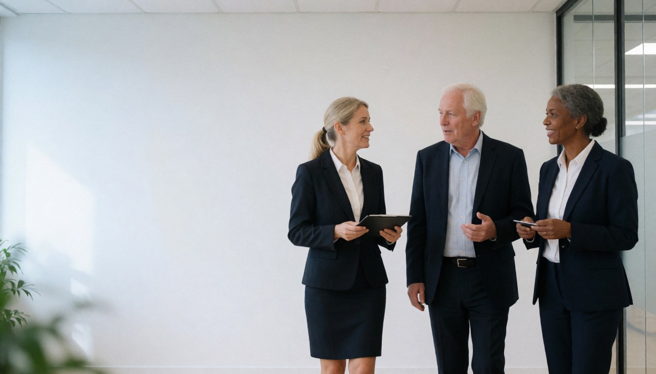 Three lawyers in business suits walk through a glass-walled hallway with white walls, discussing matters in a professional modern corporate environment.