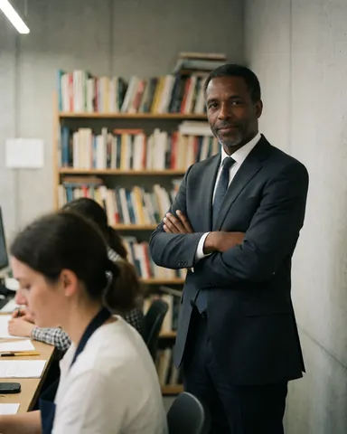 A lawyer stands with arms crossed in an office with a bookshelf background. Another person sits at a desk working. The wall is concrete with natural lighting.