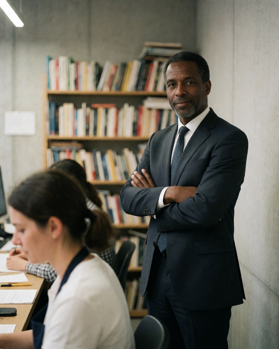A lawyer stands with arms crossed in an office with a bookshelf background. Another person sits at a desk working. The wall is concrete with natural lighting.