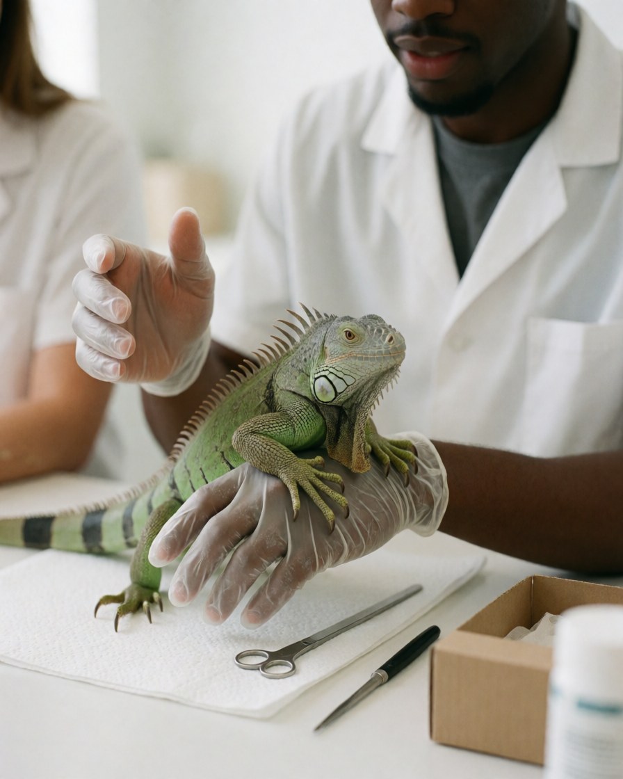 A veterinarian wearing gloves examines a green iguana on a clean white table with medical tools nearby