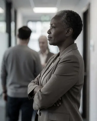 Confident businesswoman in blazer standing with arms crossed in modern office corridor, focused expression, blurred colleagues in background