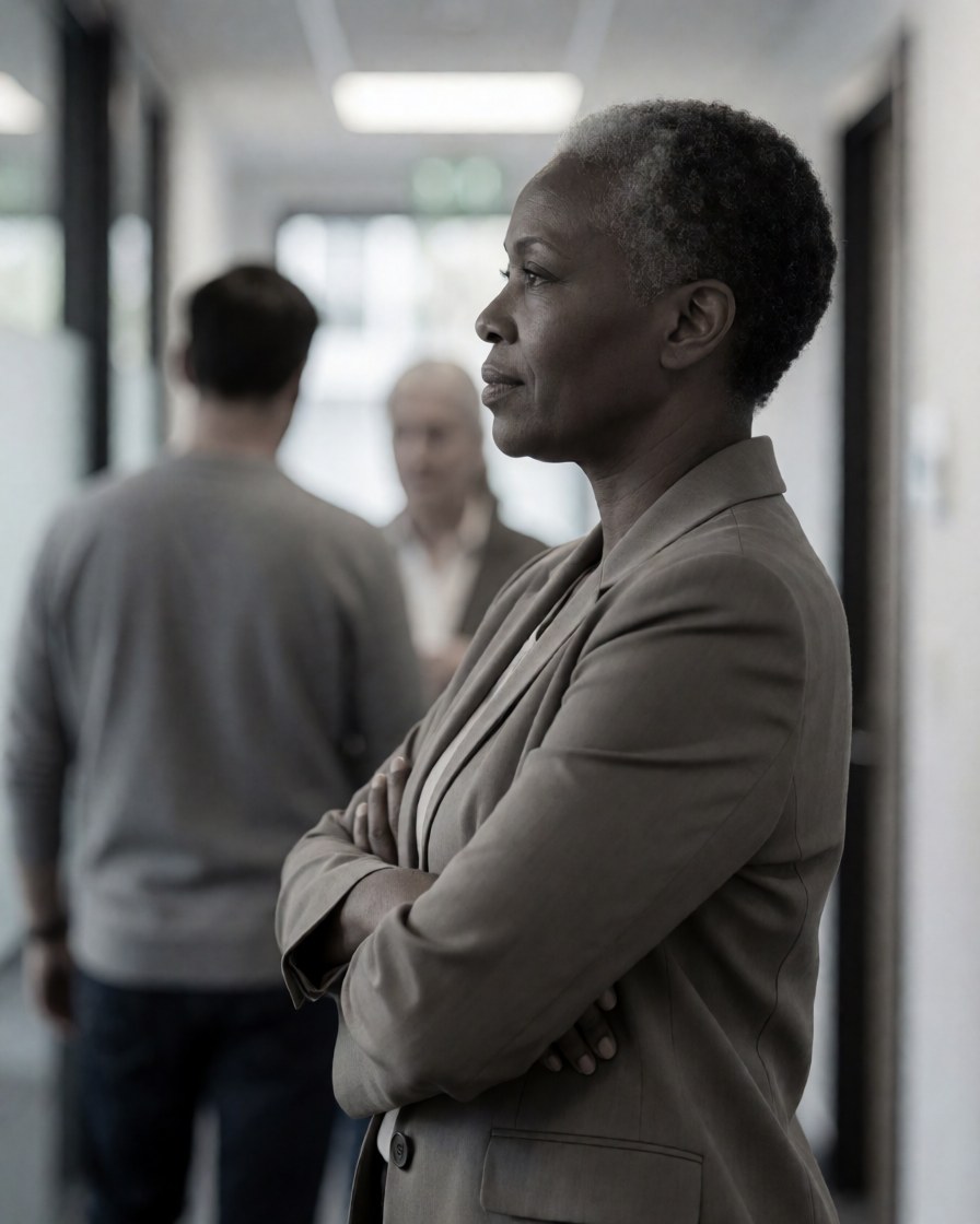 Confident businesswoman in blazer standing with arms crossed in modern office corridor, focused expression, blurred colleagues in background