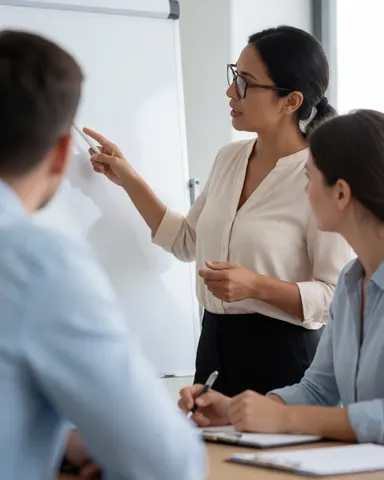 A consultant with glasses explains a point on a whiteboard in front of two colleagues during a focused office meeting.
