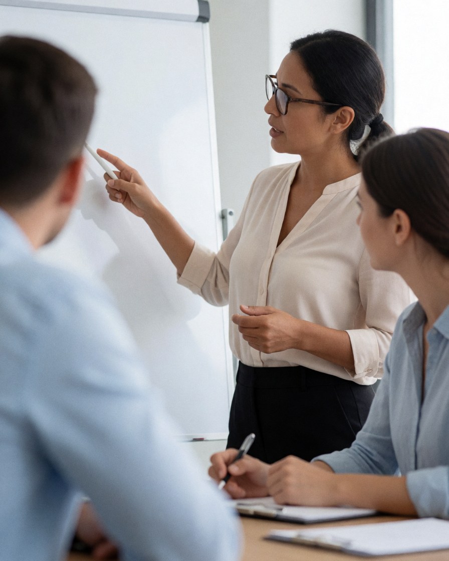 A consultant with glasses explains a point on a whiteboard in front of two colleagues during a focused office meeting.
