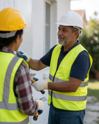 A satisfied homeowner reviews the fresh exterior paint on their house, ensuring quality and approval of the construction work.