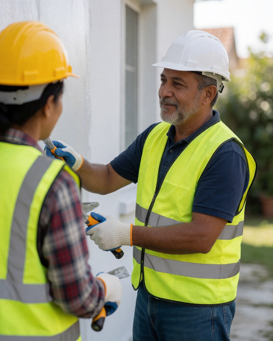 A satisfied homeowner reviews the fresh exterior paint on their house, ensuring quality and approval of the construction work.