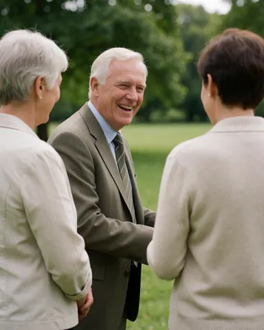 A smiling older man converses with two women in a green park, illustrating a positive and relaxed business consultation meeting outdoors.