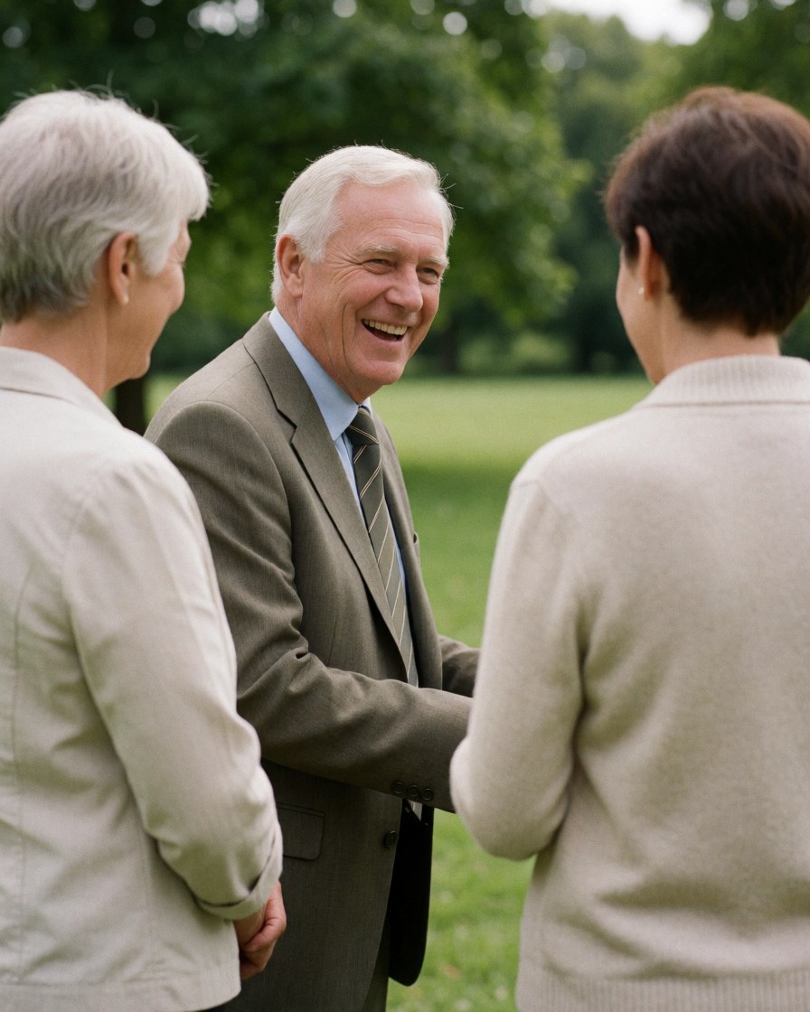 A smiling older man converses with two women in a green park, illustrating a positive and relaxed business consultation meeting outdoors.