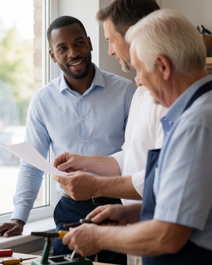 Three men in an office reviewing a document with tools, engaged in professional conversation near a window with natural light.